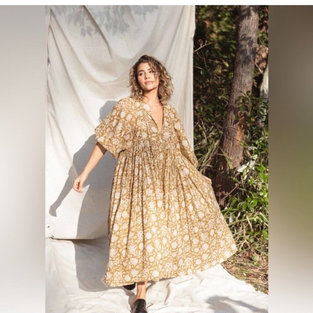 Daughters of India Mustard Floral Peasant midi dress